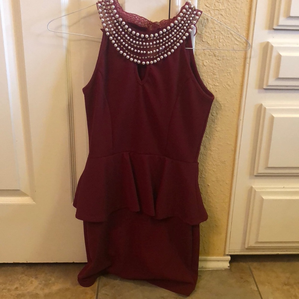 Maroon peplum dress with pearl collar